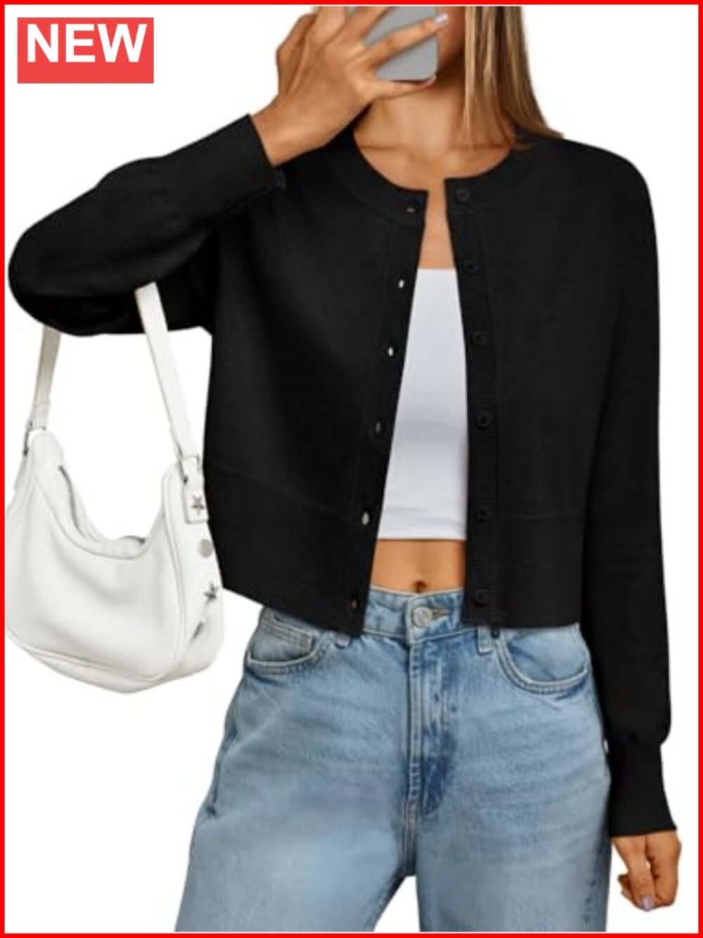 Cropped Lightweight Cardigan Sweater Button Crew Neck Long Sleeve